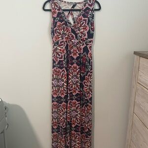 Loveappella Navy Maxi Dress with Pink & Cream Medallion Print